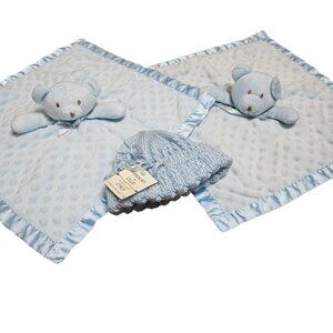 Lot Of 2 Pro Goleem Blue Teddy Bear Satin Minky Security‎ Blanket Lovey Knit Hat